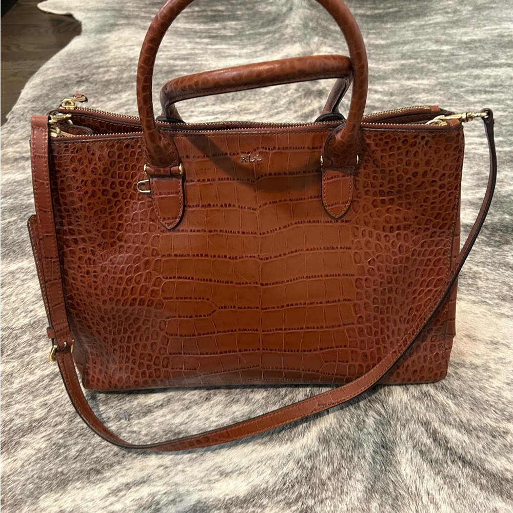 Ralph Lauren Brown Crocodile-Embossed Leather Tote Bag
